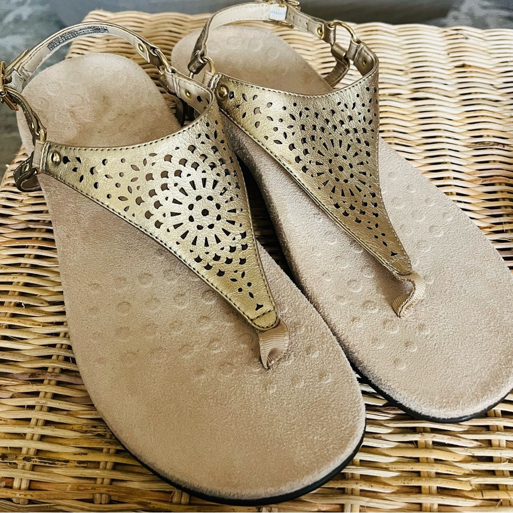 Vionic Gold Laser-Cut T-Strap Sandals - Picture 2 of 3